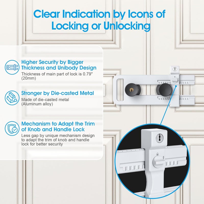 AST Double Door Lockout Device, French Door Reinforcement Lock with 3 Keys, Lockout to Double Door Knobset and Handleset, Childproof Door Lock, Premium Version (Matte White with Keyed Differ) - Image 4